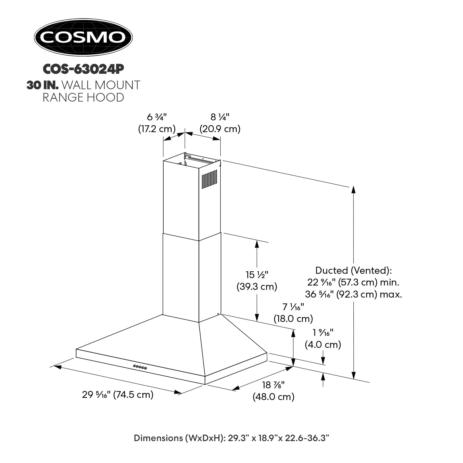 COS-63024P 30 in. Nebula Collection 250 CFM Ducted Wall Mount Range Hood, Button Control, LED Lights, Mesh Filters, Stainless Steel