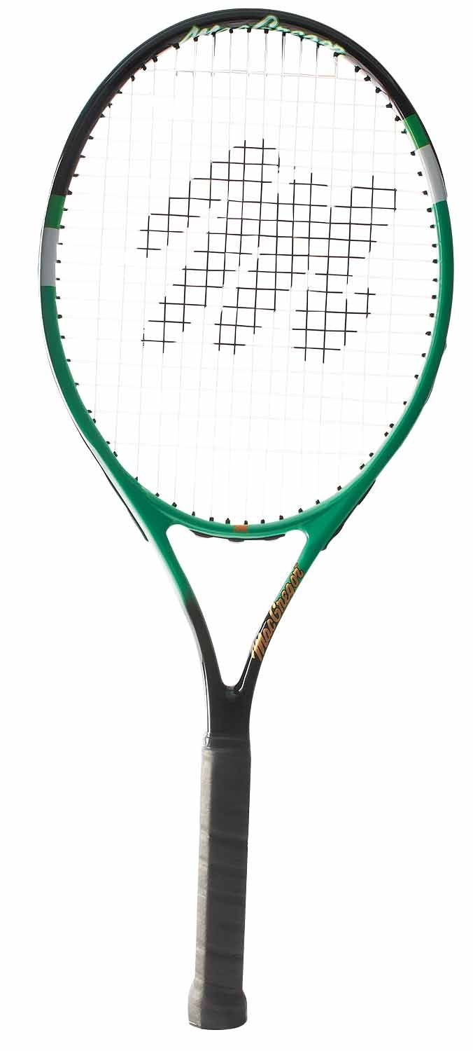 A green tennis racket with a black handle, displayed horizontally on a plain surface.