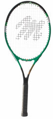 A green tennis racket with a black handle, displayed horizontally on a plain surface.
