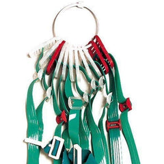 A green and red ribbon featuring a decorative ring attached to it.