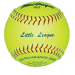 A yellow softball featuring the words Little League prominently displayed on its surface.