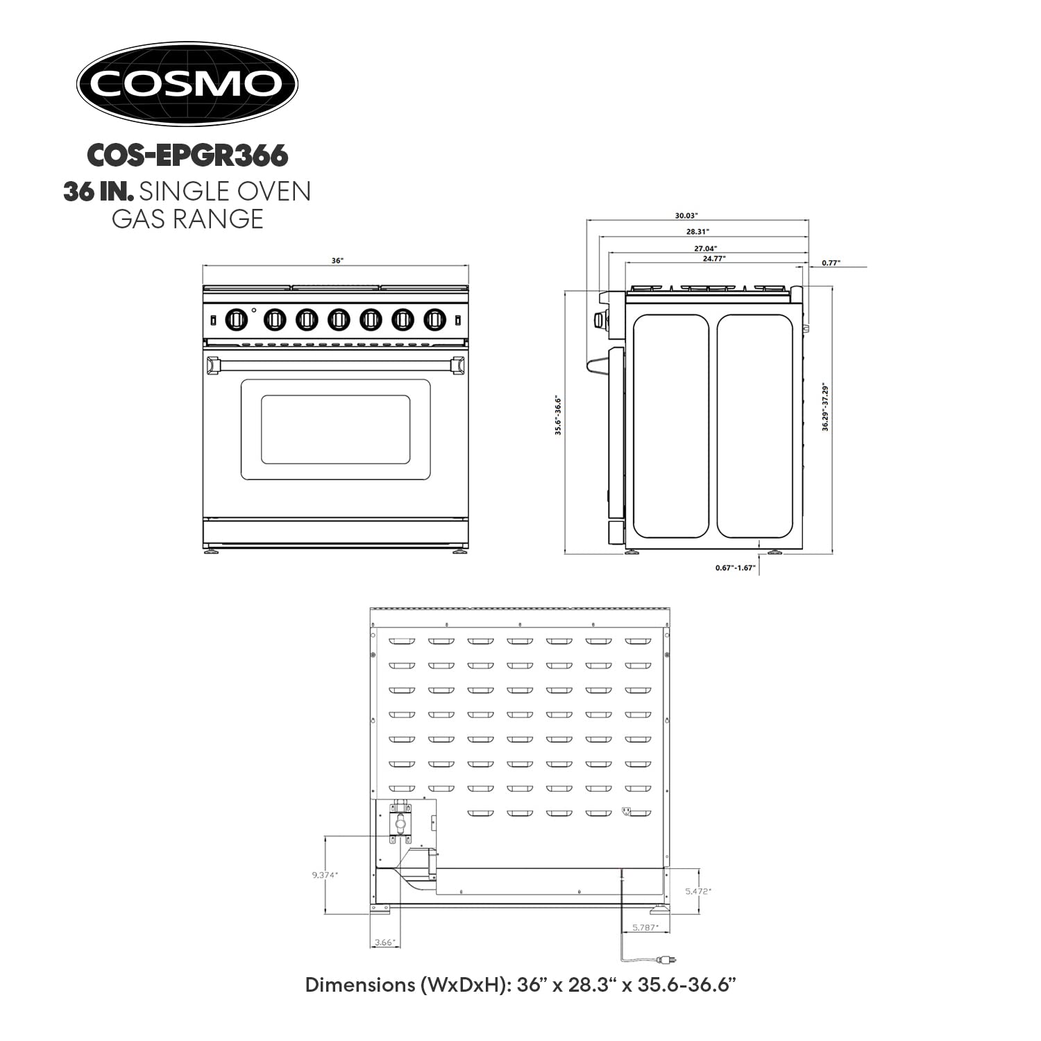 COS-EPGR366 36 in. Haven Collection 6.0 cu. ft. Gas Range, 6 Burners, Convection Oven, Knob LEDs, Storage Drawer, Stainless Steel