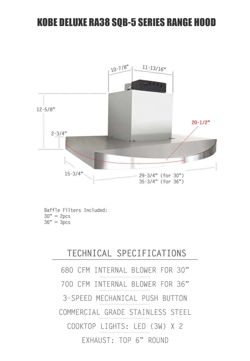 RA3836SQB-5 Under Cabinet Range Hood, 36-Inch, Stainless Steel