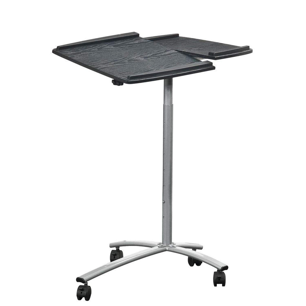 A mobile laptop stand featuring wheels, set on a plain white background for clarity.