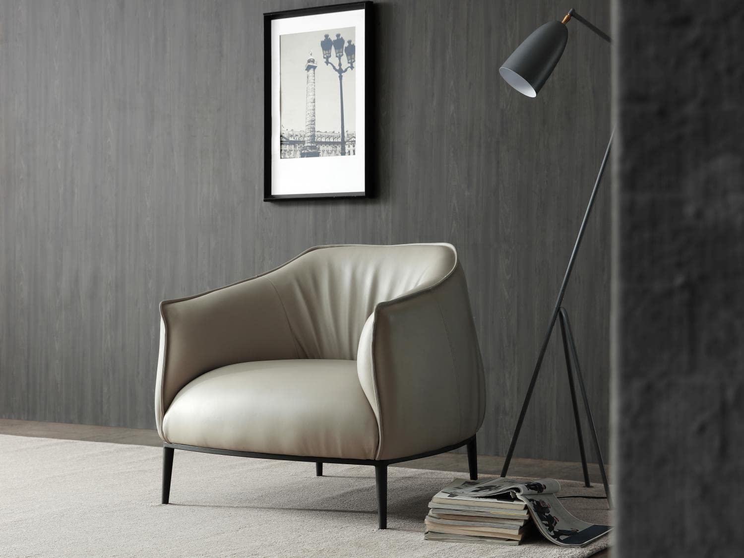 Light Grey Benbow Leisure Chair in Dark Faux Leather with Sanded Black Coated Steel Legs