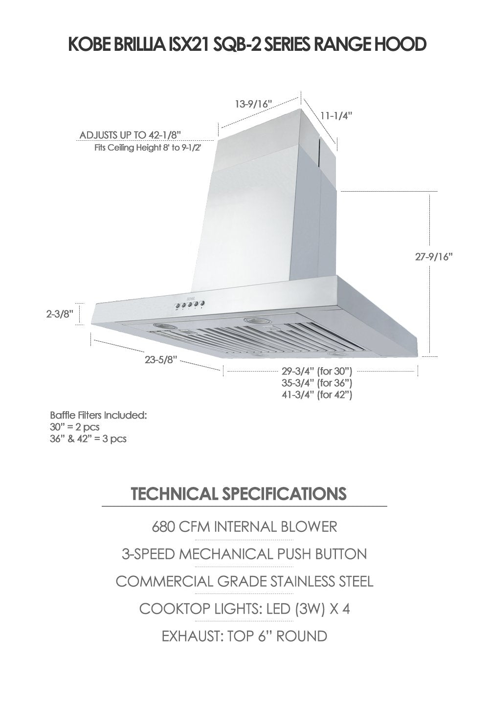 ISX2142SQB-2 Brillia 42-inch Island Range Hood, 3-Speed, 680 CFM, Fits Ceiling Height 8'-9.5, Stainless Steel