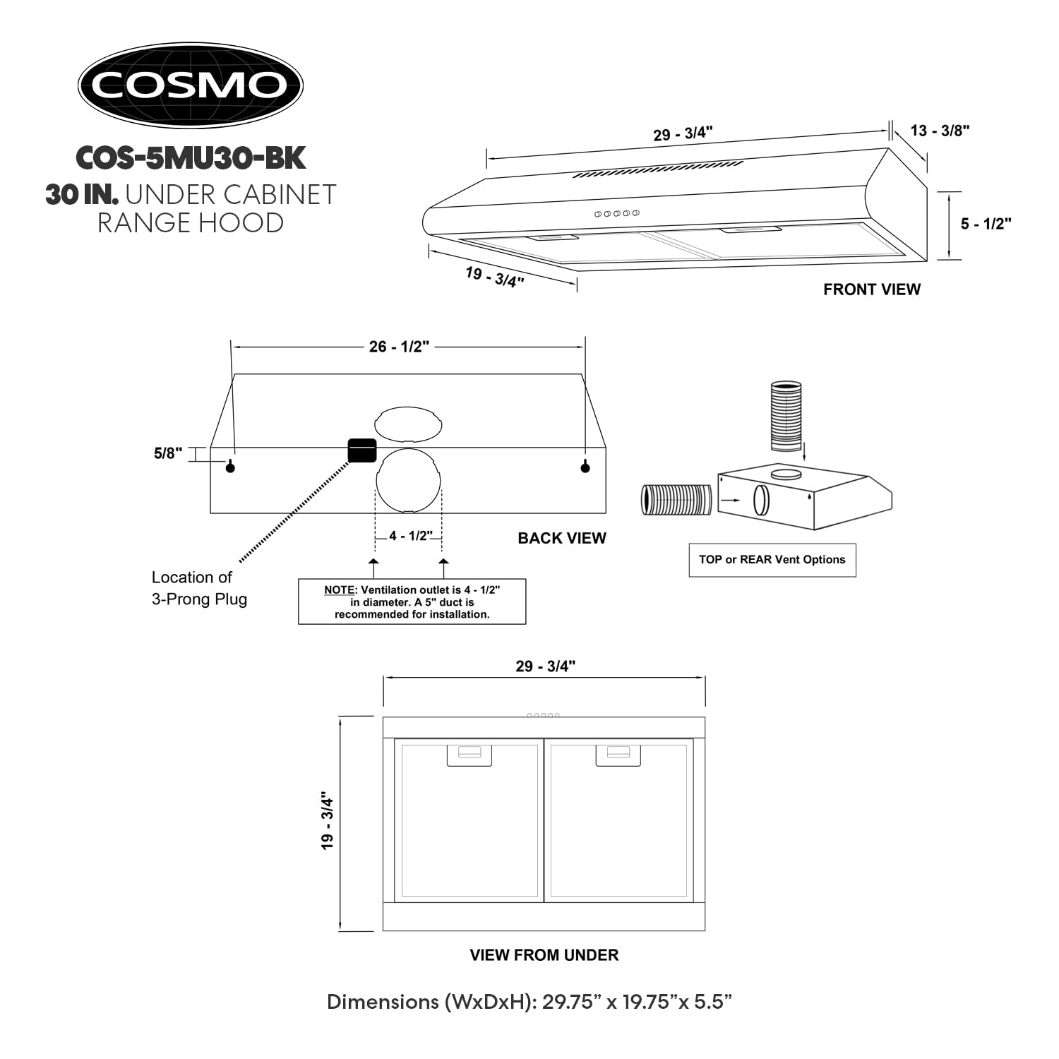 COS-5MU30-BK 30 in. Delta Collection Ducted Under Cabinet Range Hood, Button Controls, Reusable Filters, LED Lights in Matte Black, 30 inch