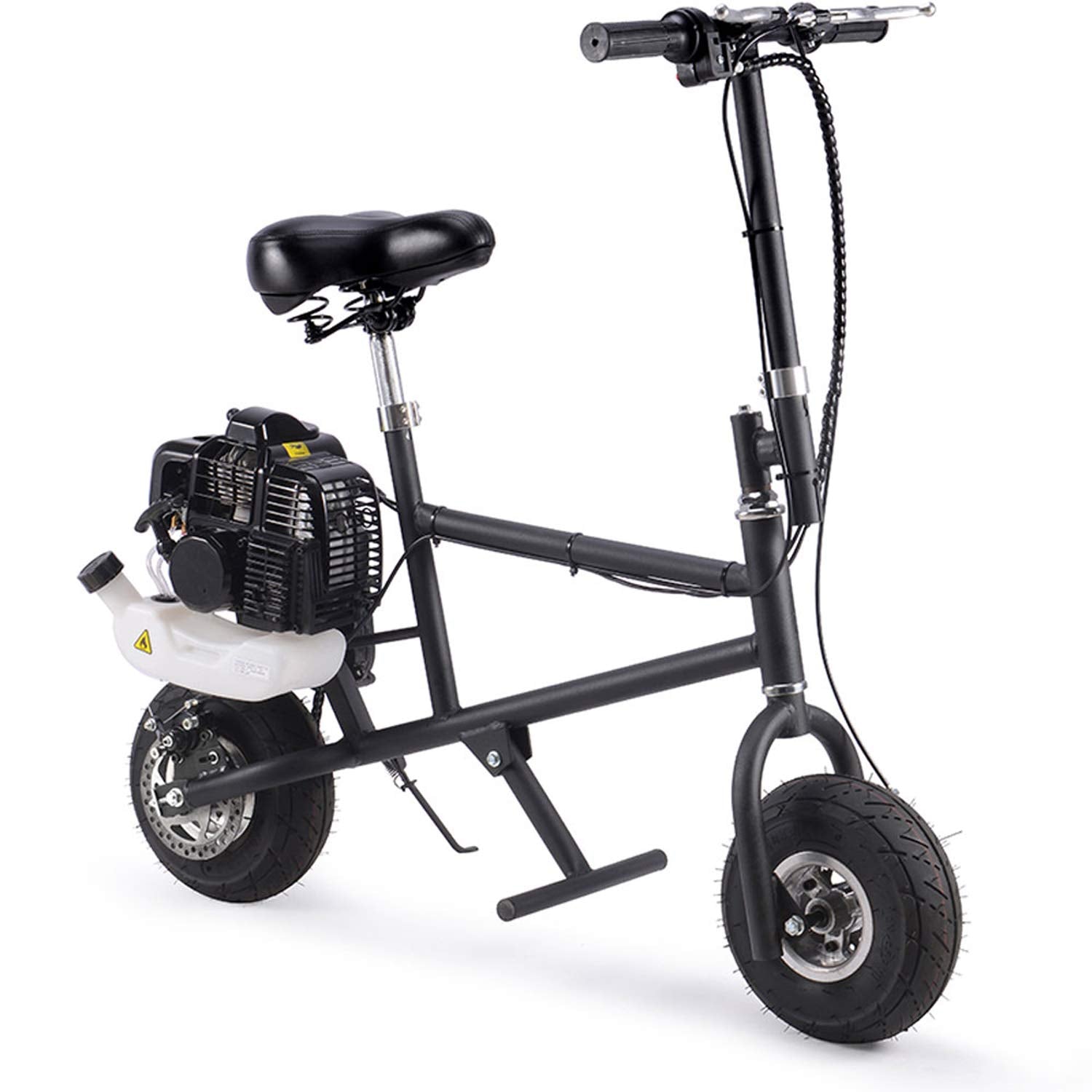 A black scooter with a gas engine, highlighting its sporty look and compact frame against a neutral background.