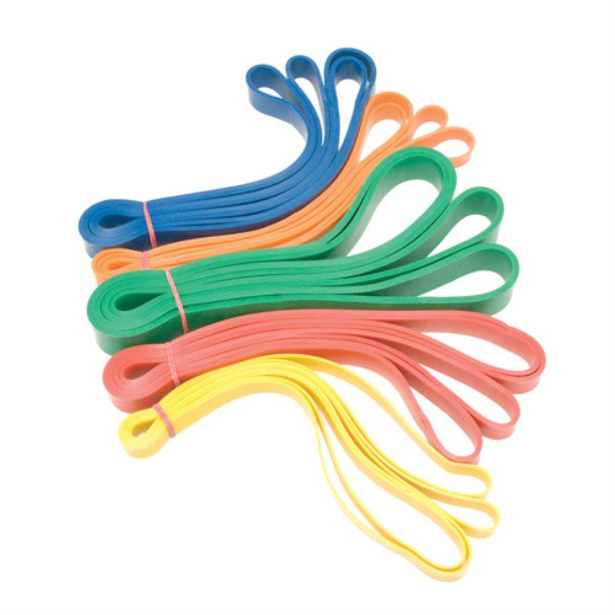 A set of colorful resistance bands displayed together, showcasing different hues for fitness and rehabilitation exercises.