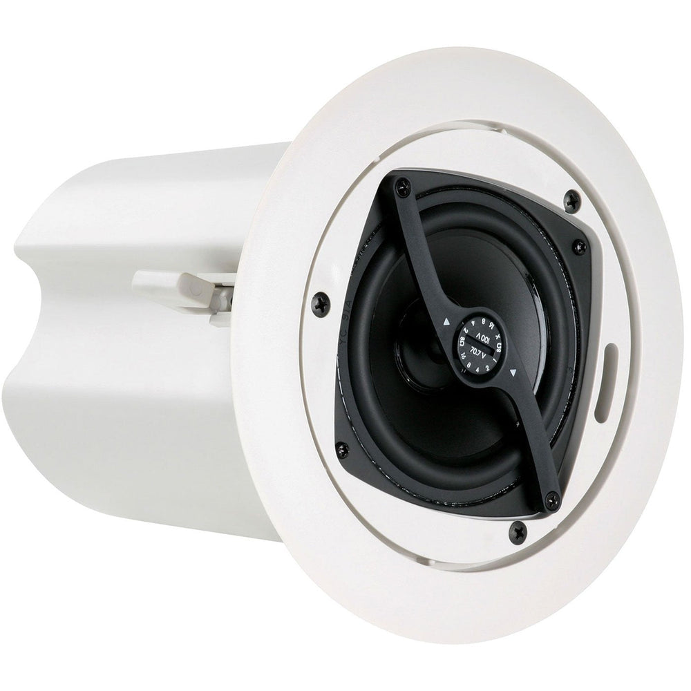 A ceiling-mounted speaker in white with a contrasting black cover, suitable for enhancing sound in indoor spaces.