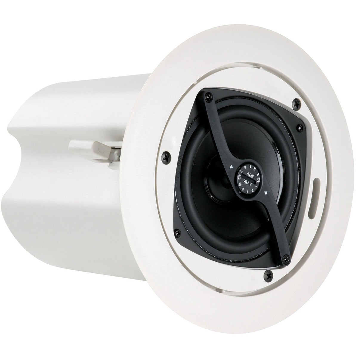 A ceiling-mounted speaker in white with a contrasting black cover, suitable for enhancing sound in indoor spaces.