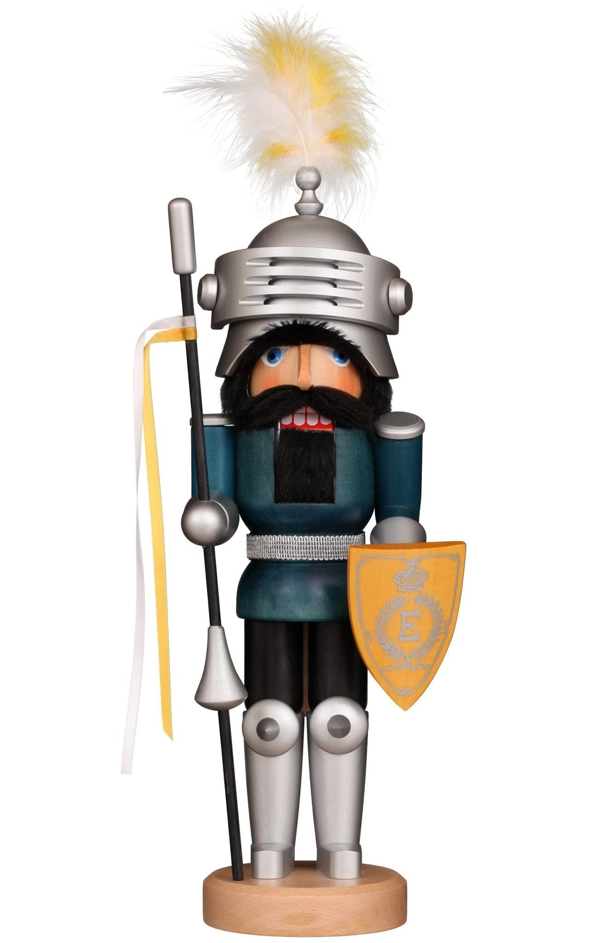 A decorative nutcracker resembling a knight, complete with a helmet and shield, perfect for holiday displays