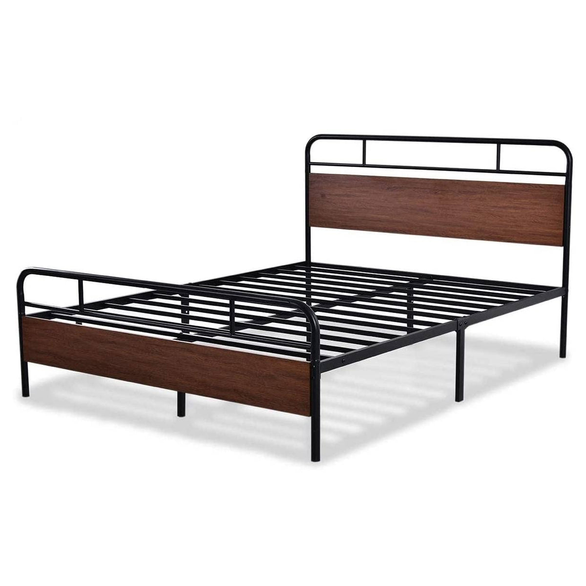 A metal bed frame designed with wooden slats for enhanced durability and comfort.