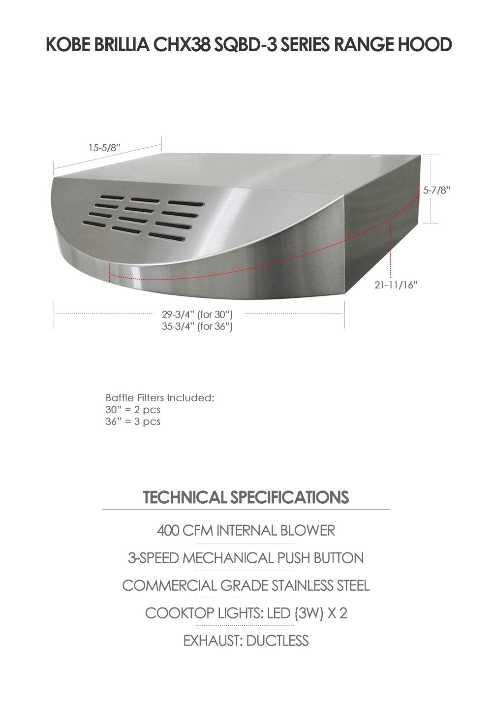 CHX3836SQBD-3 Brillia 36-inch Ductless Under Cabinet Range Hood, 3-Speed, 400 CFM, LED Lights, Baffle Filters, Stainless Steel