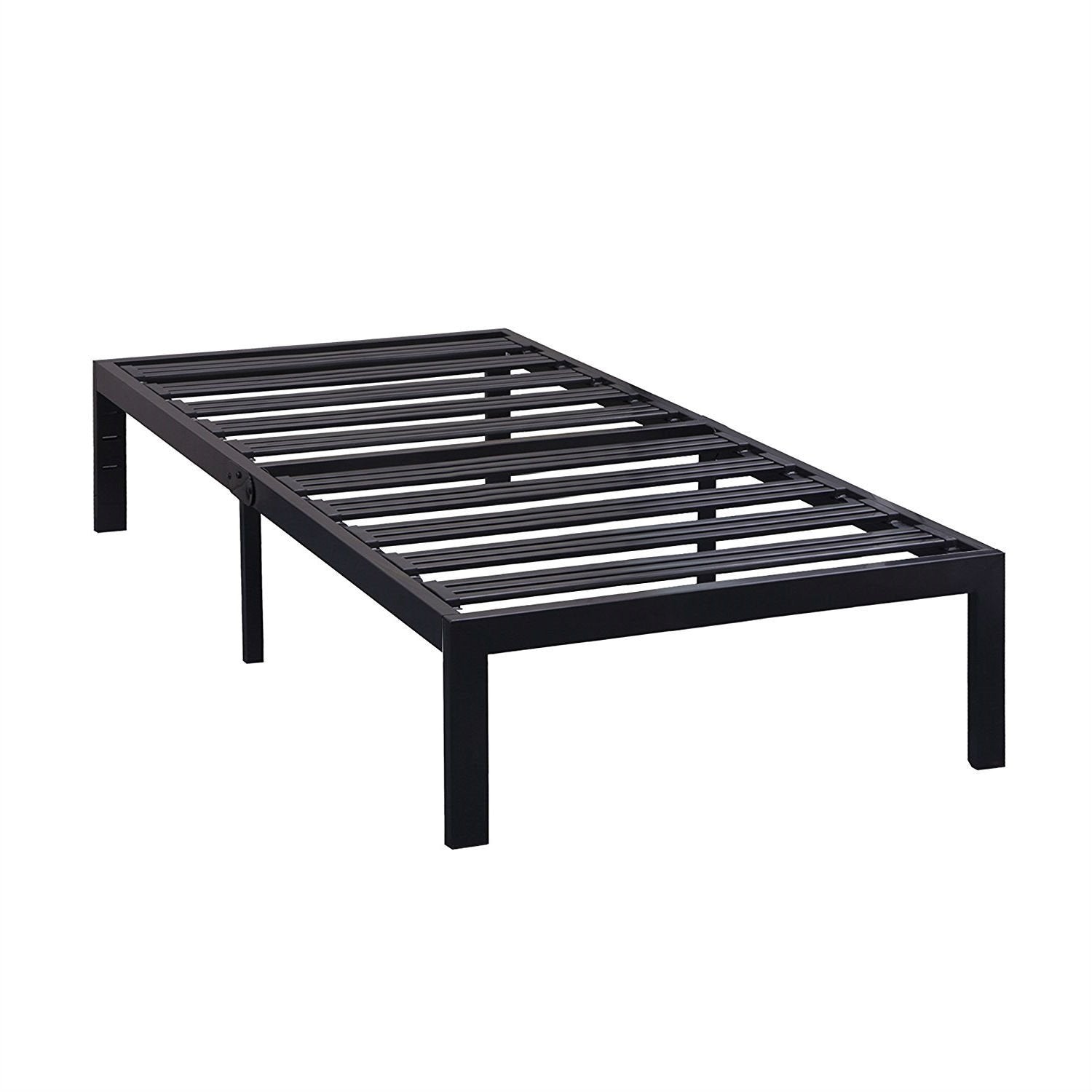 A black metal bed frame featuring slats, designed for support and style in a modern bedroom setting.