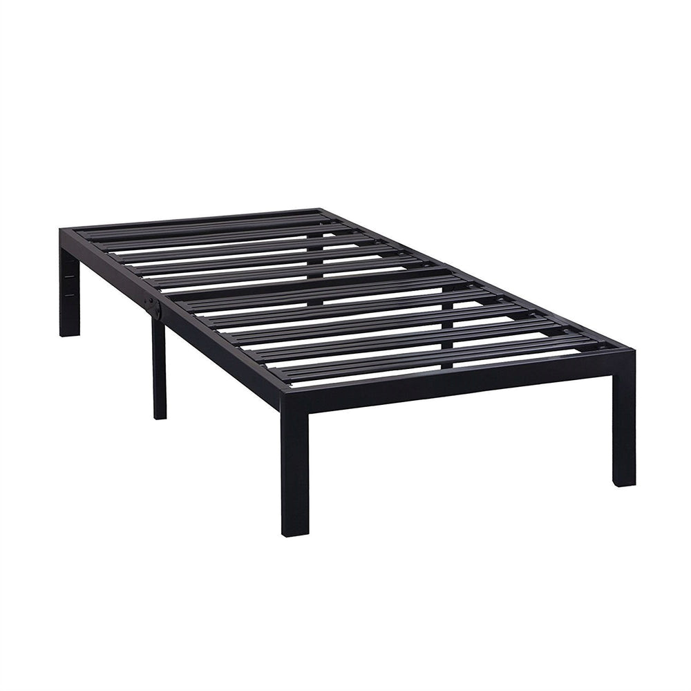 A black metal bed frame featuring slats, designed for support and style in a modern bedroom setting.