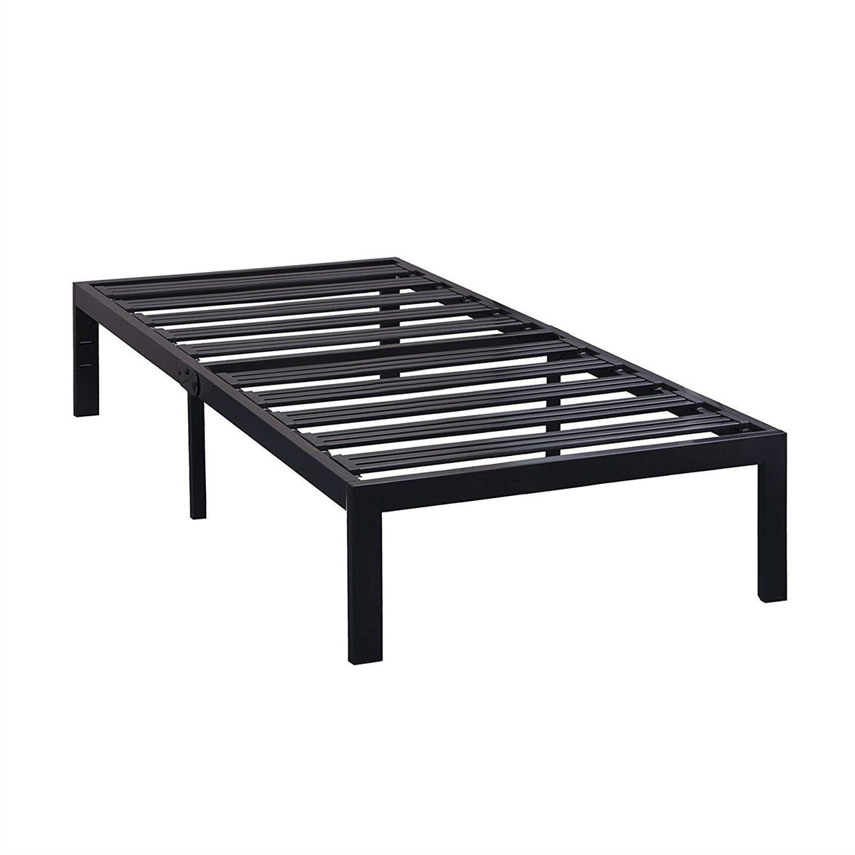 A black metal bed frame featuring slats, designed for support and style in a modern bedroom setting.