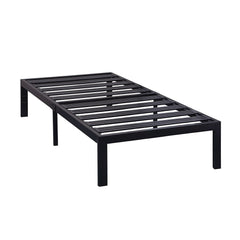 A black metal bed frame featuring slats, designed for support and style in a modern bedroom setting.