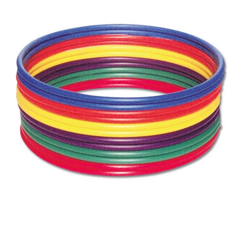 A colorful tower of plastic rings, showcasing a variety of bright hues stacked in a playful arrangement.