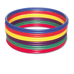 A colorful tower of plastic rings, showcasing a variety of bright hues stacked in a playful arrangement.