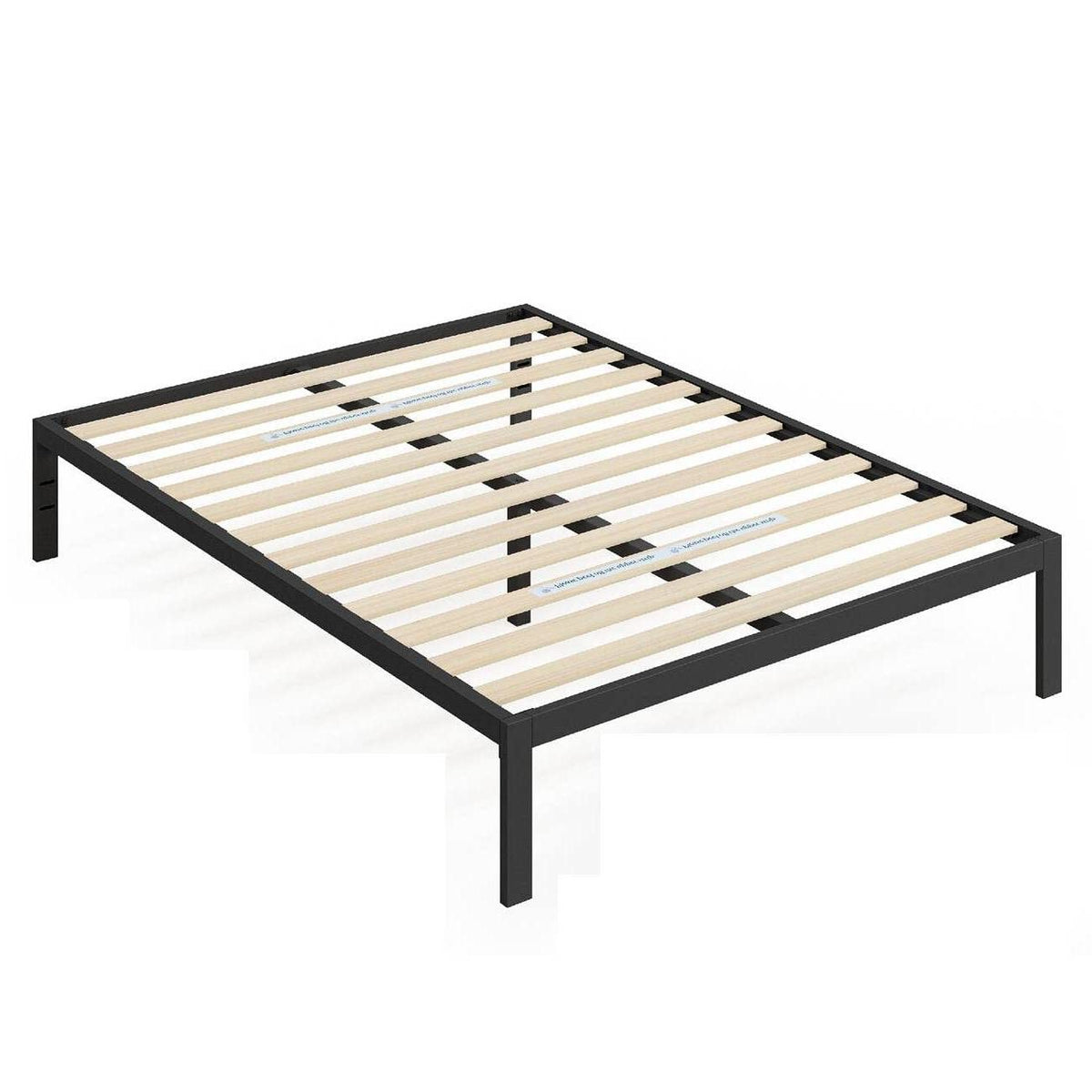 A bed frame constructed with wooden slats, designed to provide sturdy support for a mattress.