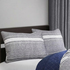Fast Furnishings Queen Gray Navy Stripe Quilt Set