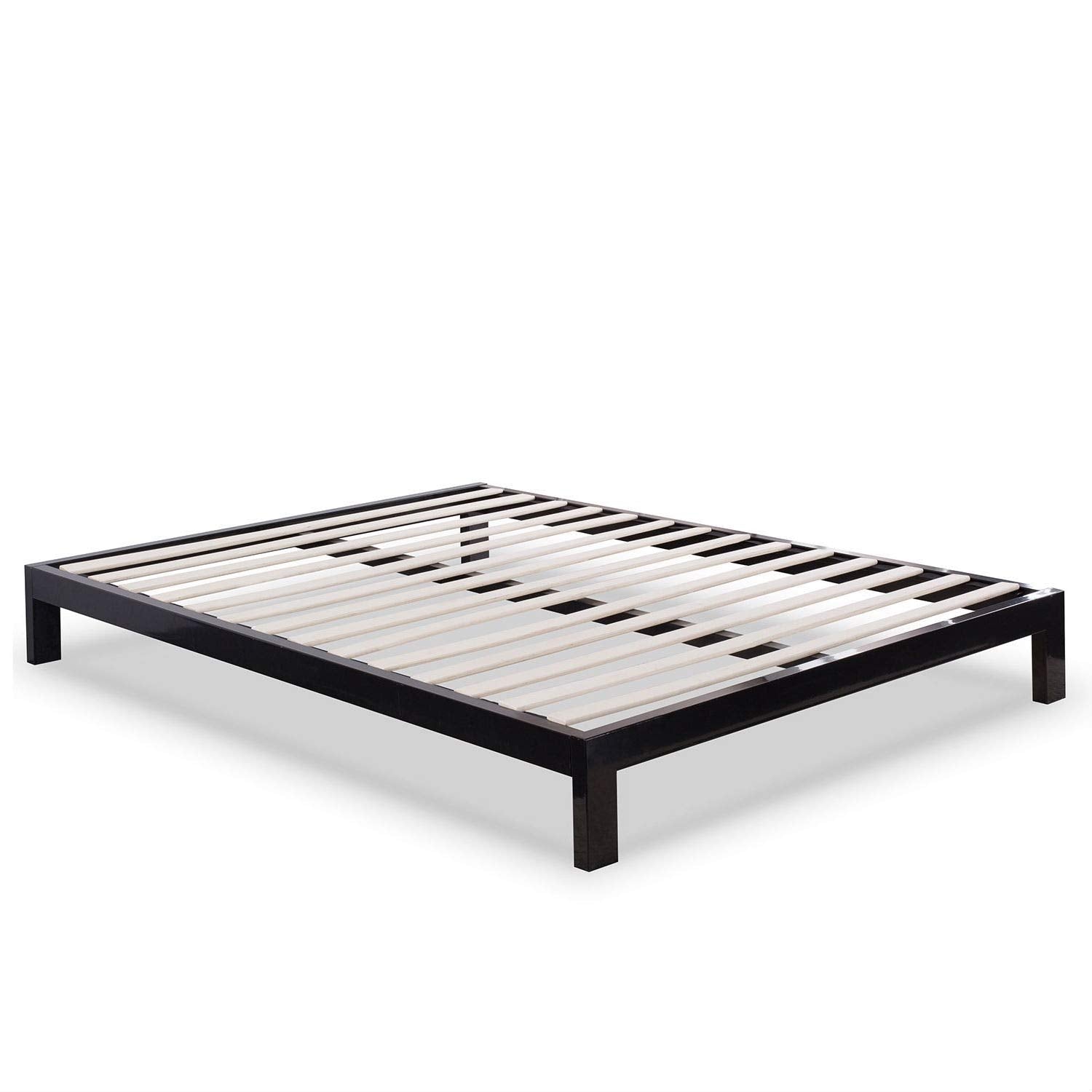 King Modern Black Metal Platform Bed w/ Wood Slats