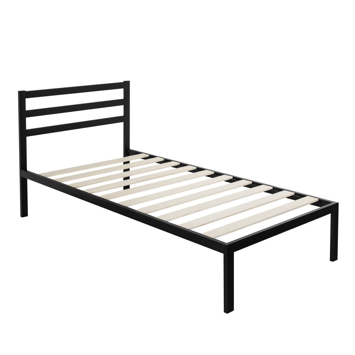 A black metal bed with sturdy wooden slats, showcasing a modern aesthetic.
