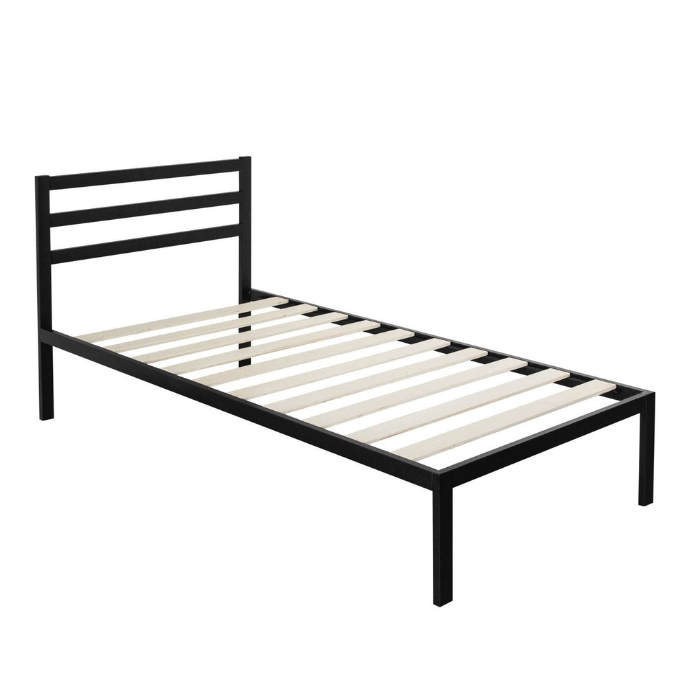 A black metal bed with sturdy wooden slats, showcasing a modern aesthetic.