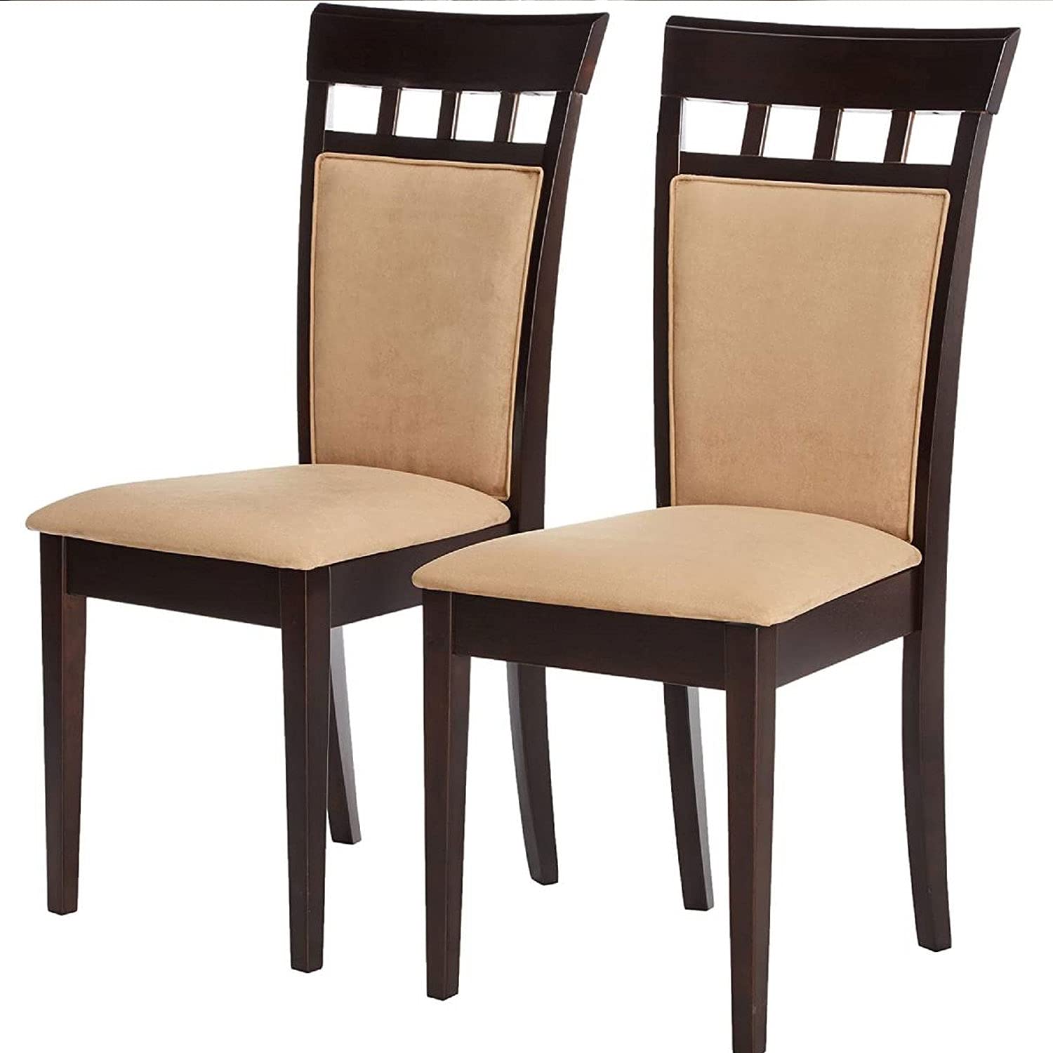 A pair of dining chairs with soft beige upholstery, showcasing a simple and elegant design.