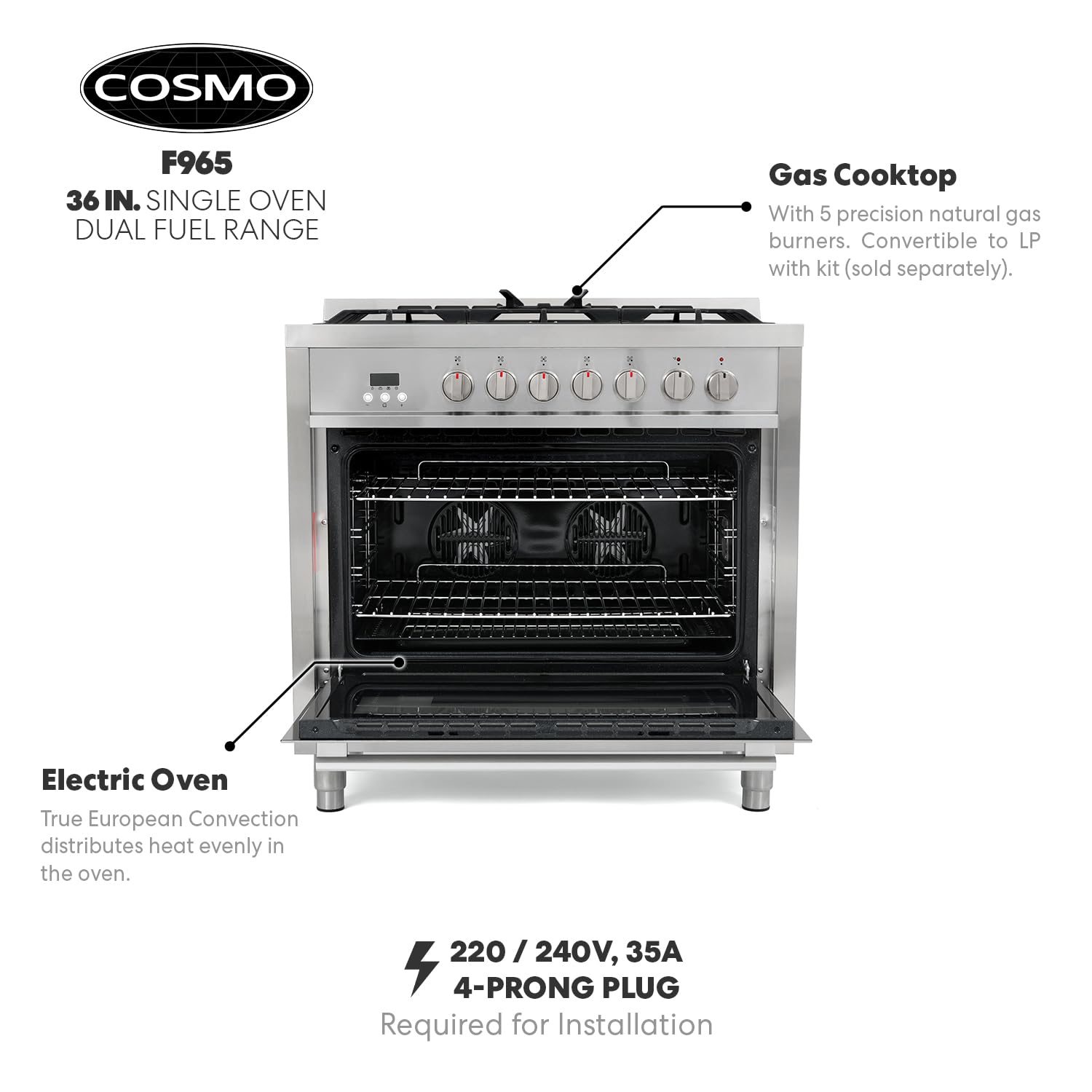 F965 36 in. Stellar Collection 3.8 cu. ft. Dual Fuel Range, 5 Sealed Burners, 8 Function Convection Oven in Stainless Steel