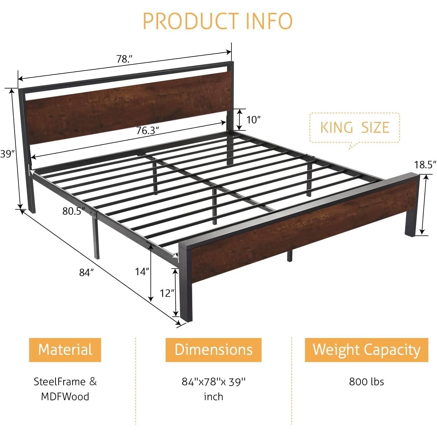 Fast Furnishings King Mahogany Wood Metal Bed Frame