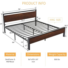 Fast Furnishings King Mahogany Wood Metal Bed Frame