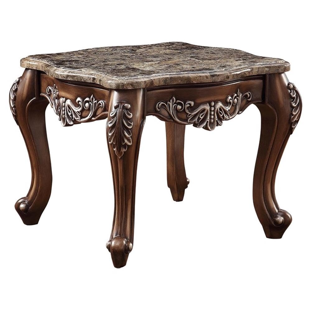 Latisha Square Marble Top Wooden End Table in Antique Oak