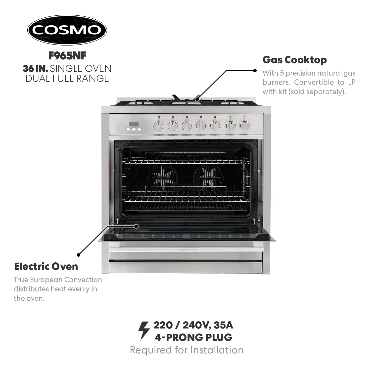 F965NF 36 in. Stellar Collection 3.8 cu. ft. Dual Fuel Range, 5 Sealed Burners, 8 Function Convection Oven in Stainless Steel