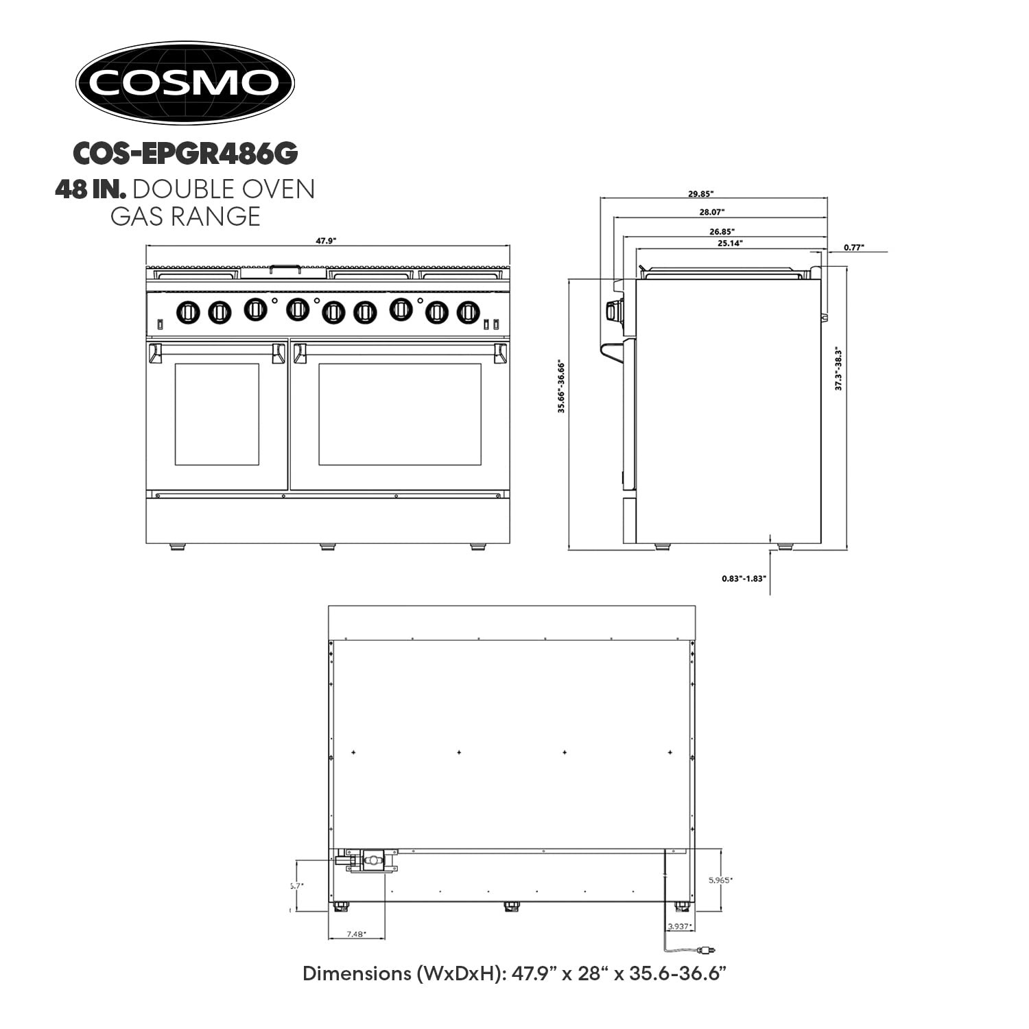 COS-EPGR486G 48 in. Haven Collection 7 cu. ft. Double Oven Gas Range, 6 Burners, Griddle, Convection, Knob LEDs, Stainless Steel
