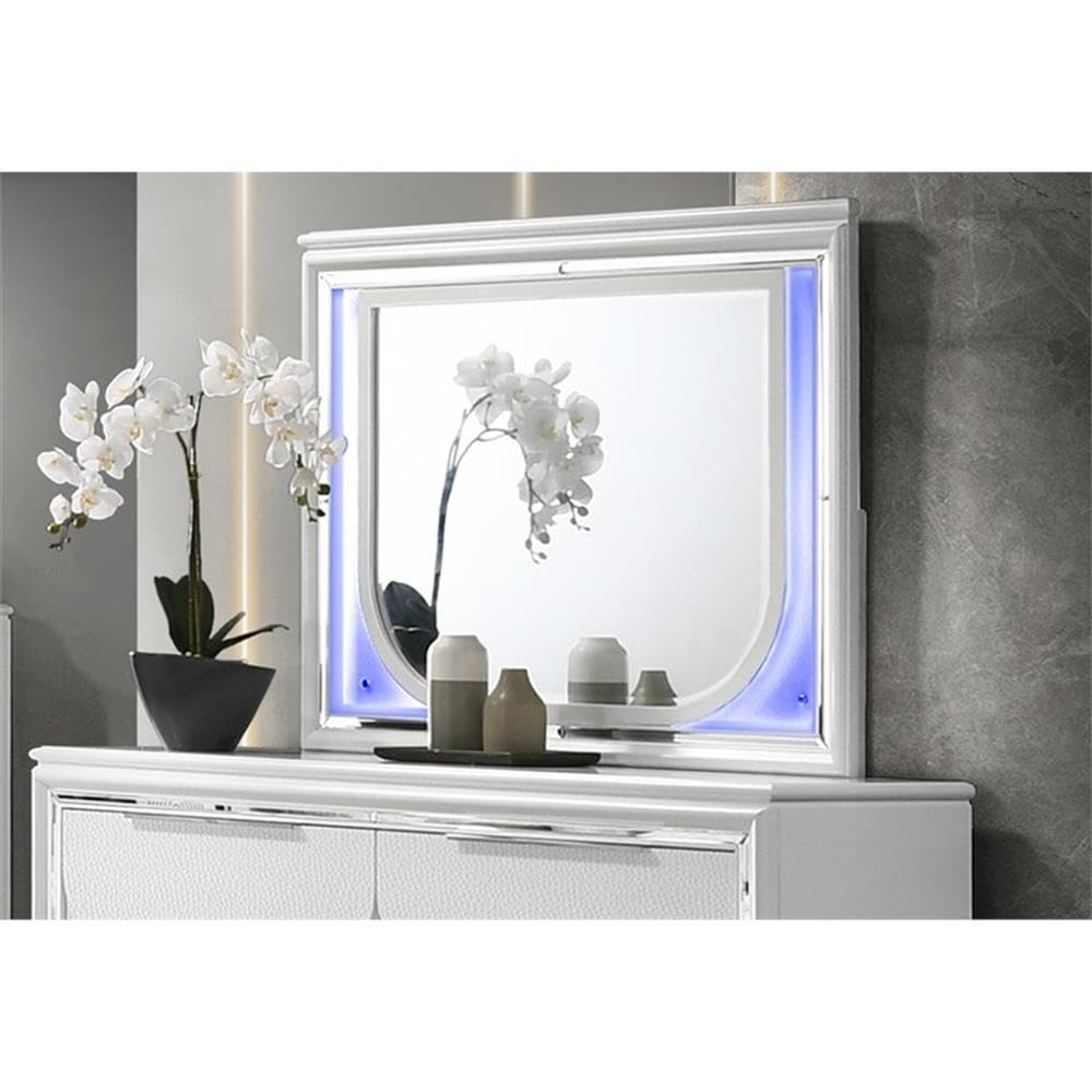 Tarian Rectangular Wooden Frame Mirror with LED in Pearl White