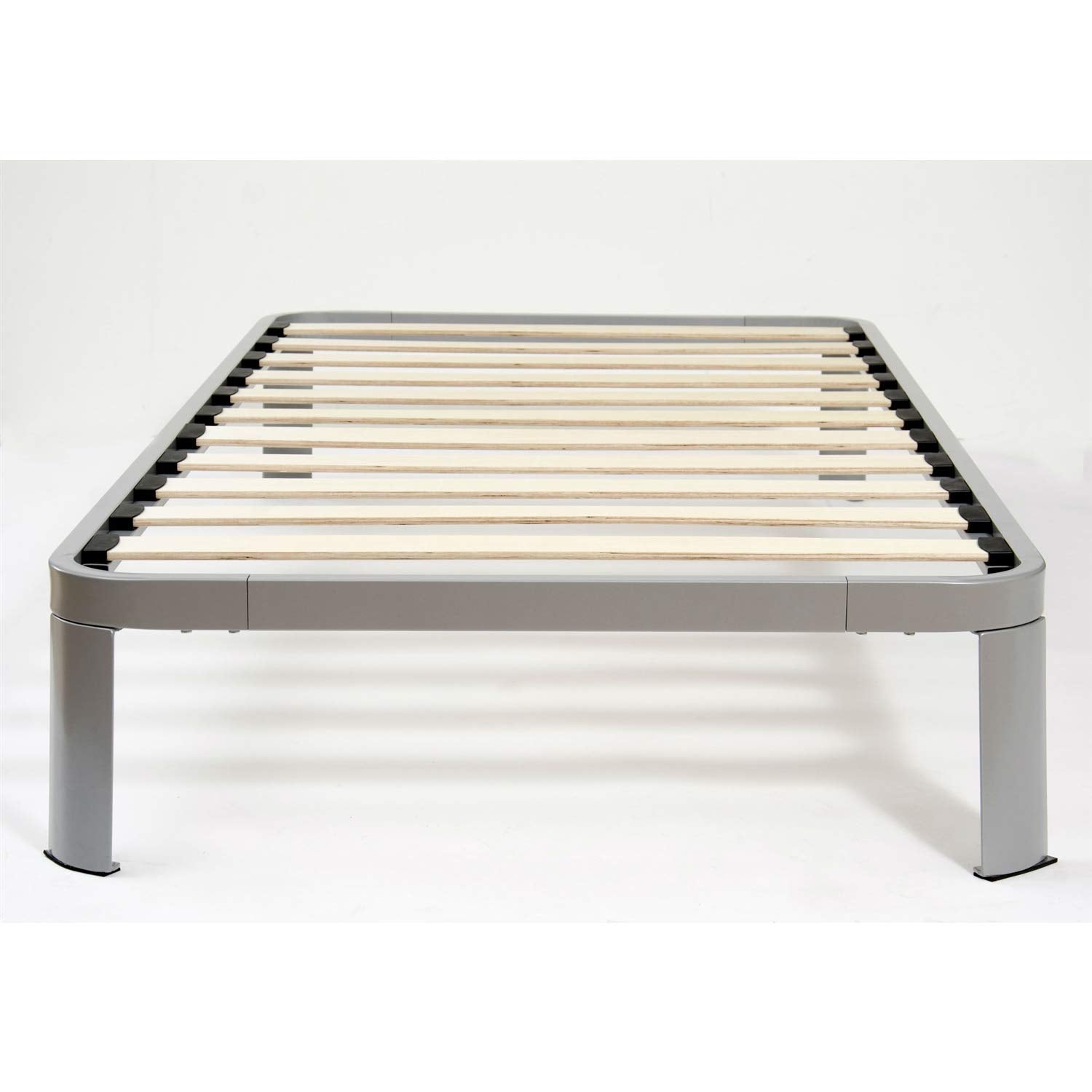 A bed frame constructed with wooden slats, designed to provide sturdy support for a mattress.
