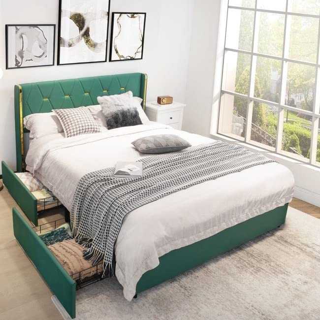 Full Green/Gold Linen Headboard 4-Drawer Storage Bed