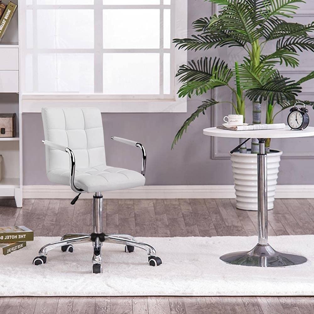 Modern White Faux Leather Mid-Back Swivel Office Chair