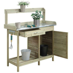 Fast Furnishings Natural Fir Wood Potting Bench w/ Galvanized Steel Top