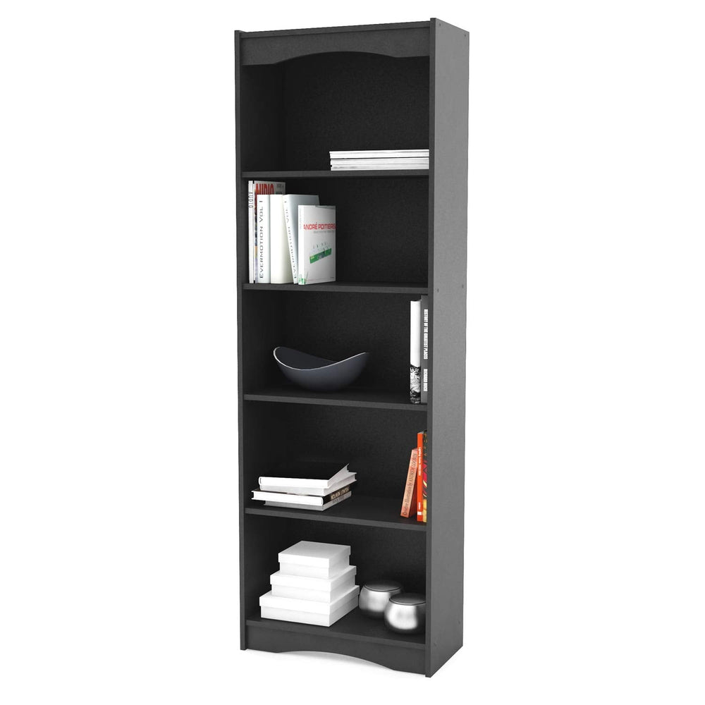A black bookcase with multiple shelves, each filled with an assortment of books, creating a tidy appearance.