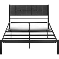 Queen Metal Bed Frame w/ Gray Upholstered Headboard
