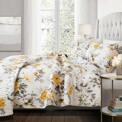 King 3-Pc White Yellow Grey Floral Birds Quilt Set