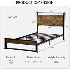 Twin Metal Wood Platform Bed Frame w/ Headboard