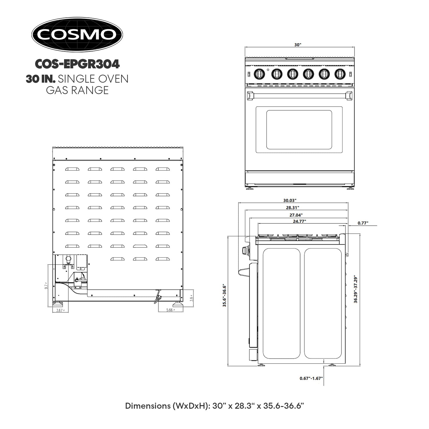 COS-EPGR304 30 in. Haven Collection 4.5 cu. ft. Gas Range with 5 Sealed Burners, Convection Oven, Knob LED Lights, Stainless Steel