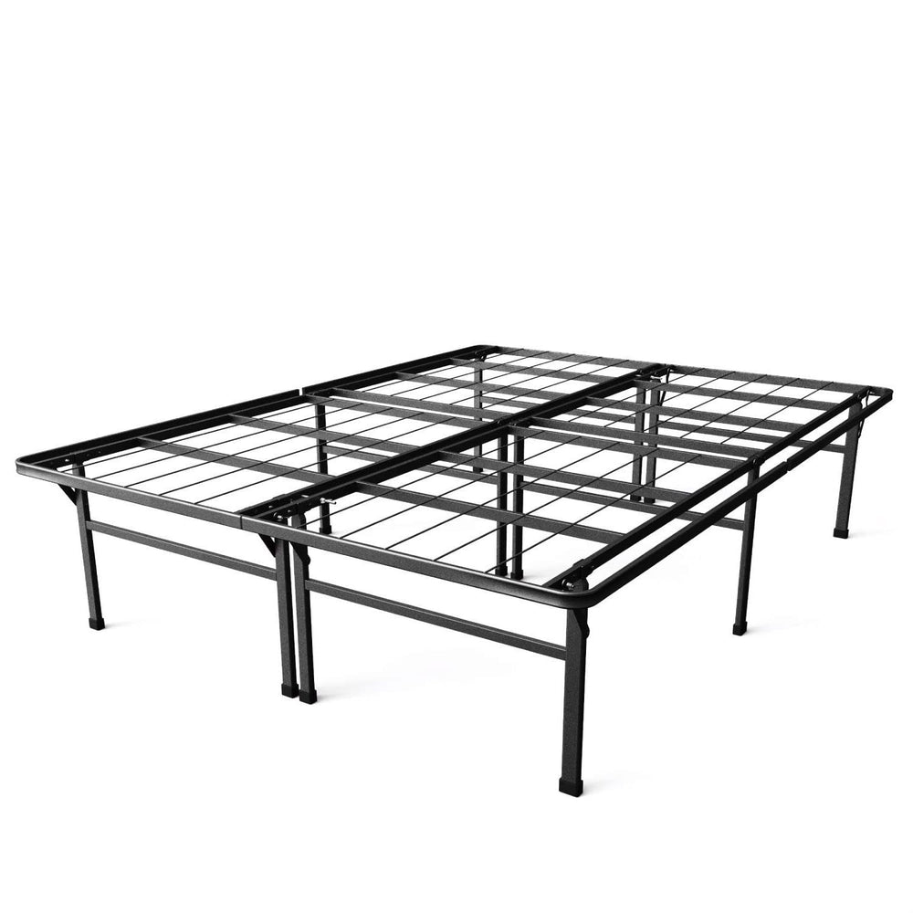 A sturdy metal bed frame featuring a sleek design with metal legs for support.