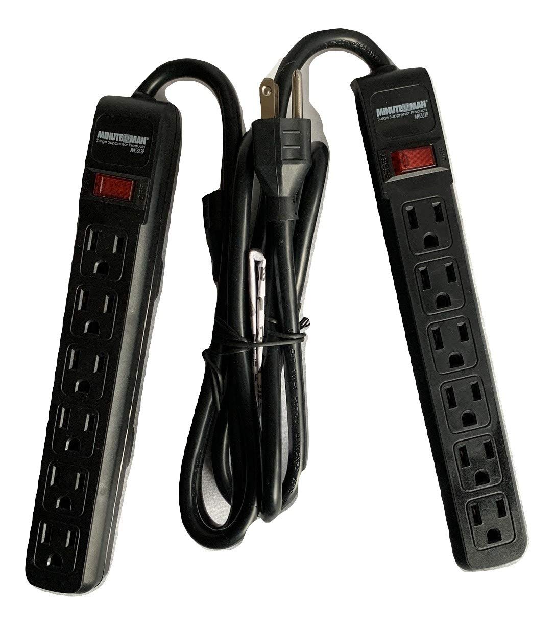 Two black power strips featuring red indicator lights, showing they are currently powered and operational.
