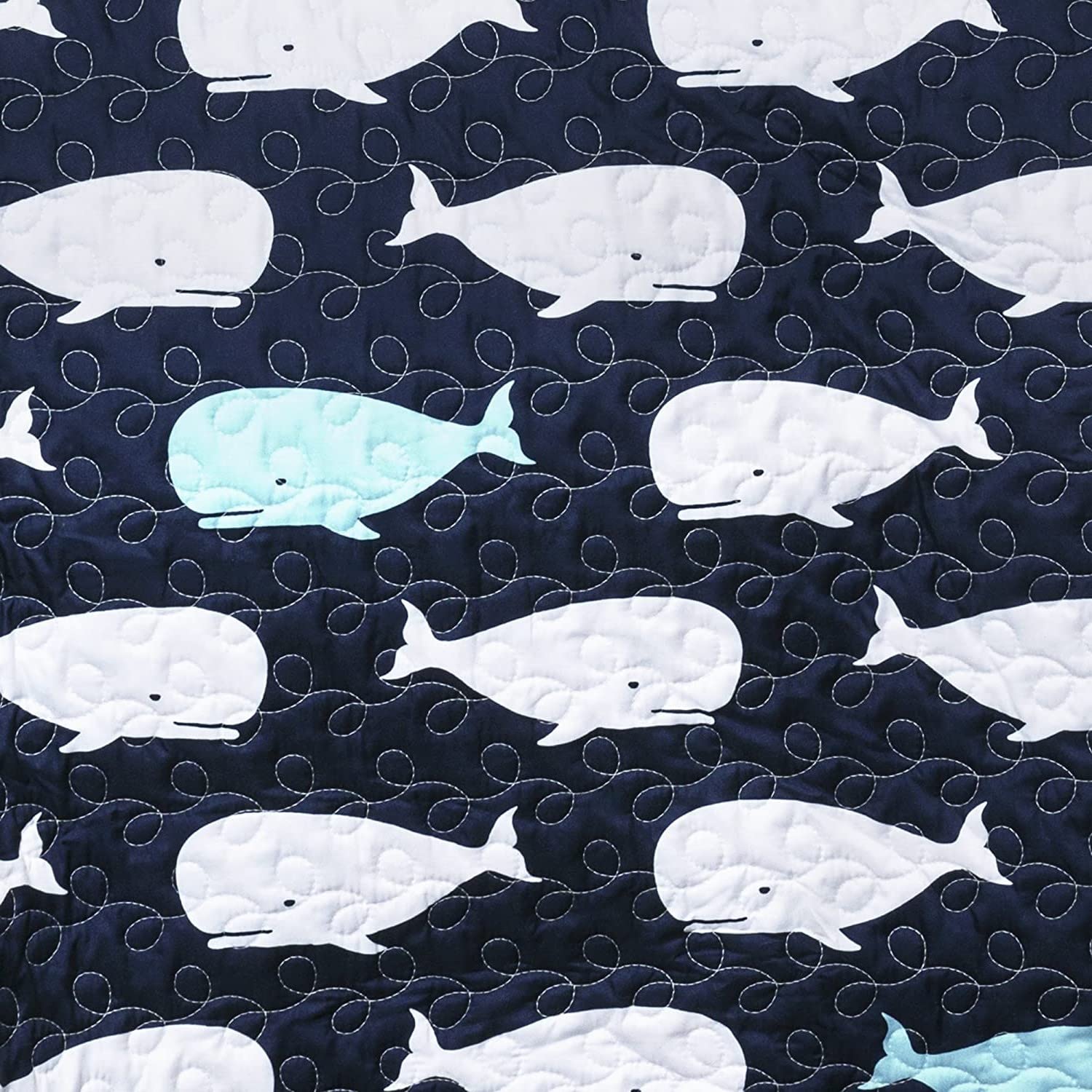 Full/Queen 5-Pc Navy Teal Waves Whales Quilt Set