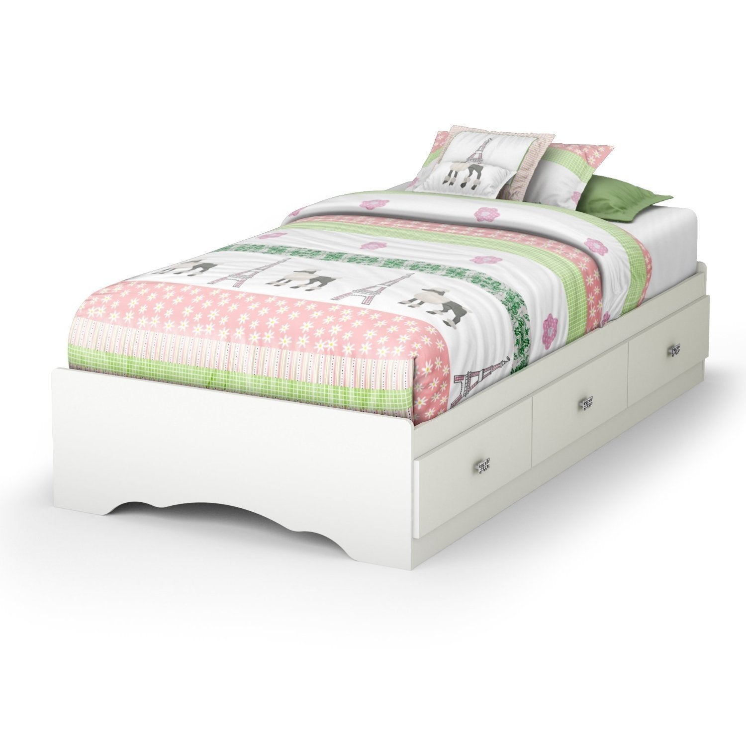  A white bed adorned with a colorful pink and green bedspread, creating a cheerful and inviting atmosphere.